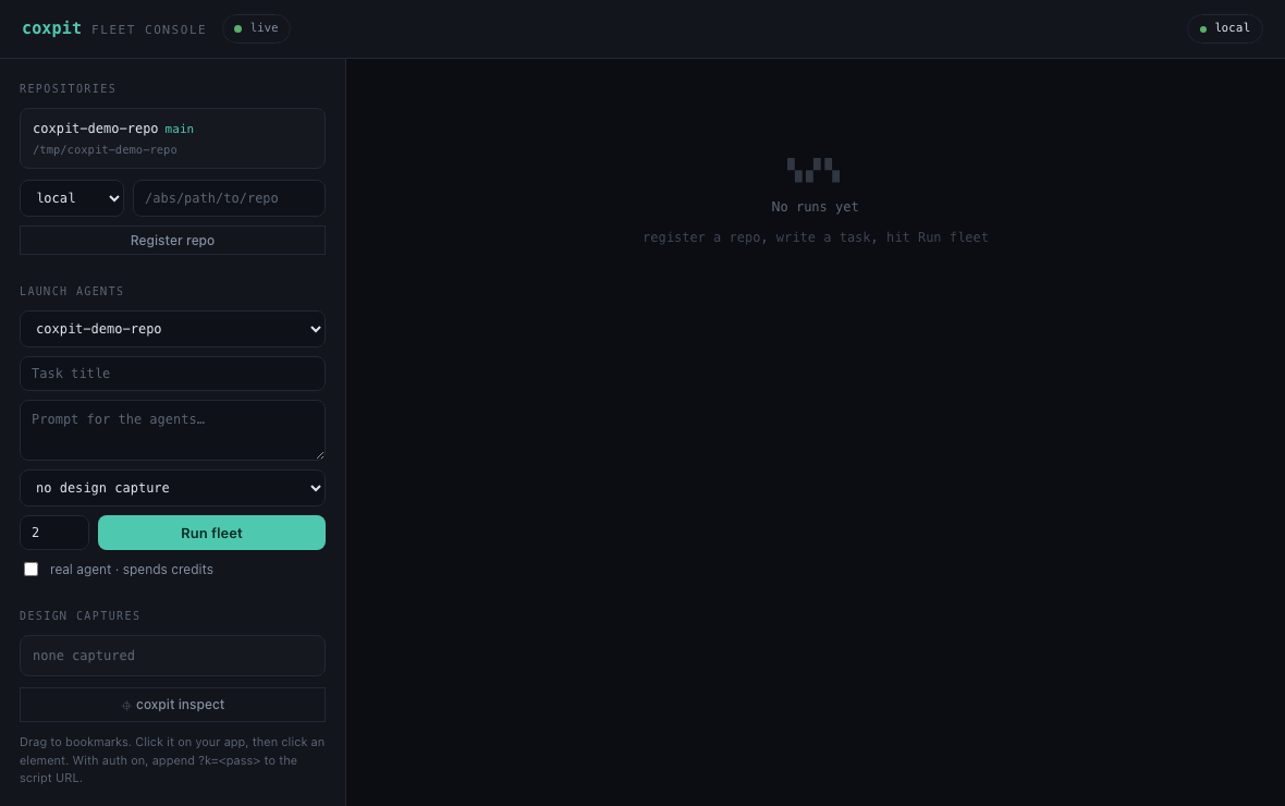 coxpit fleet board — three agents racing the same task, live