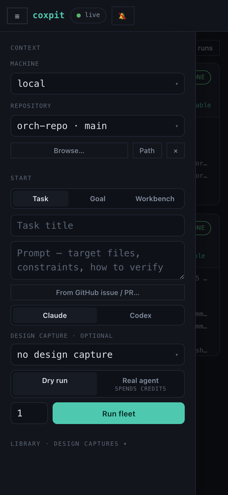 mobile board — the launcher drawer with provider choice, open over the fleet